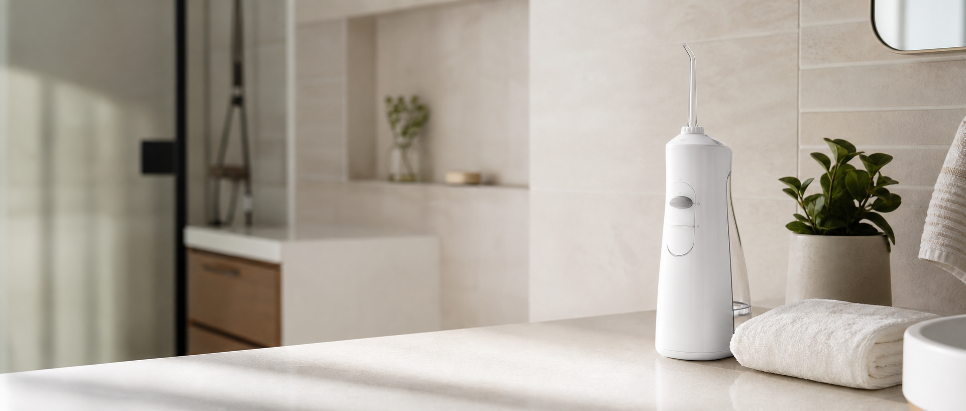A water flosser on a bright, modern bathroom counter